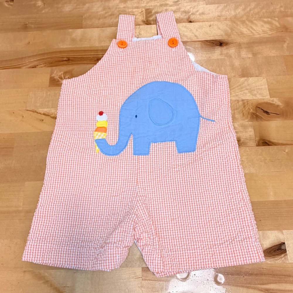 Funtasia Too Jon Jon 24M Orange Gingham Elephant Ice Cream Romper shortall